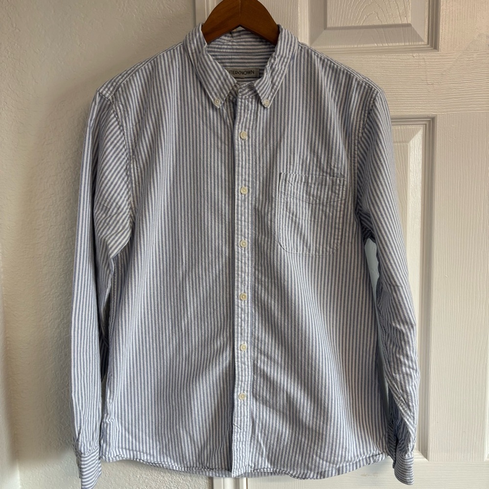 Outerknown Blue and White Striped Casual Button Down Shirt
